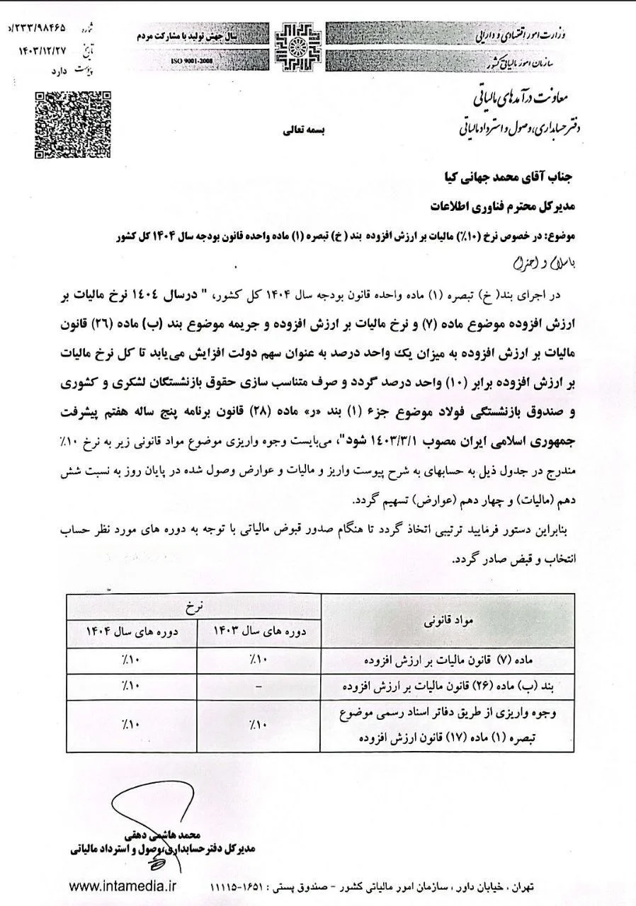 نرخ ارزش افزوده 1404